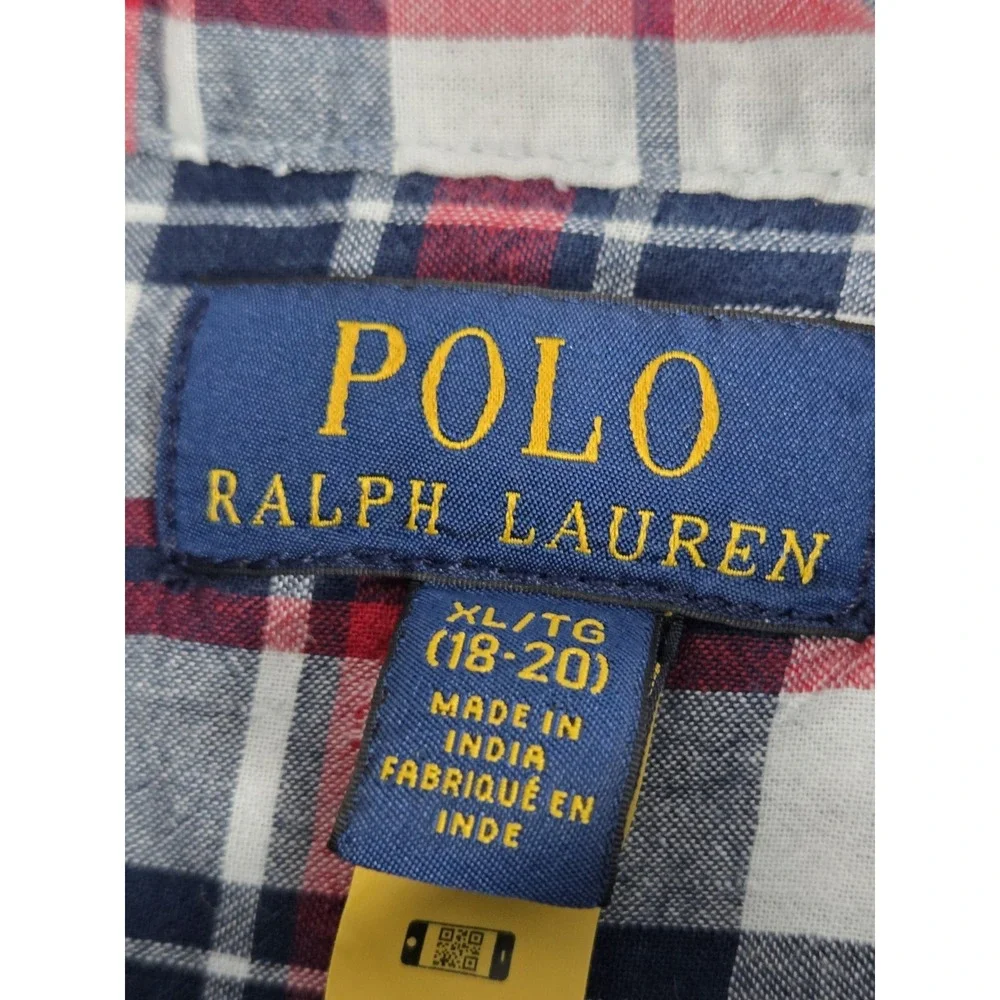 RALPH LAUREN Boys XL 18-20 Button Up SHIRT Short Sleeve RED White Blue PLAID
